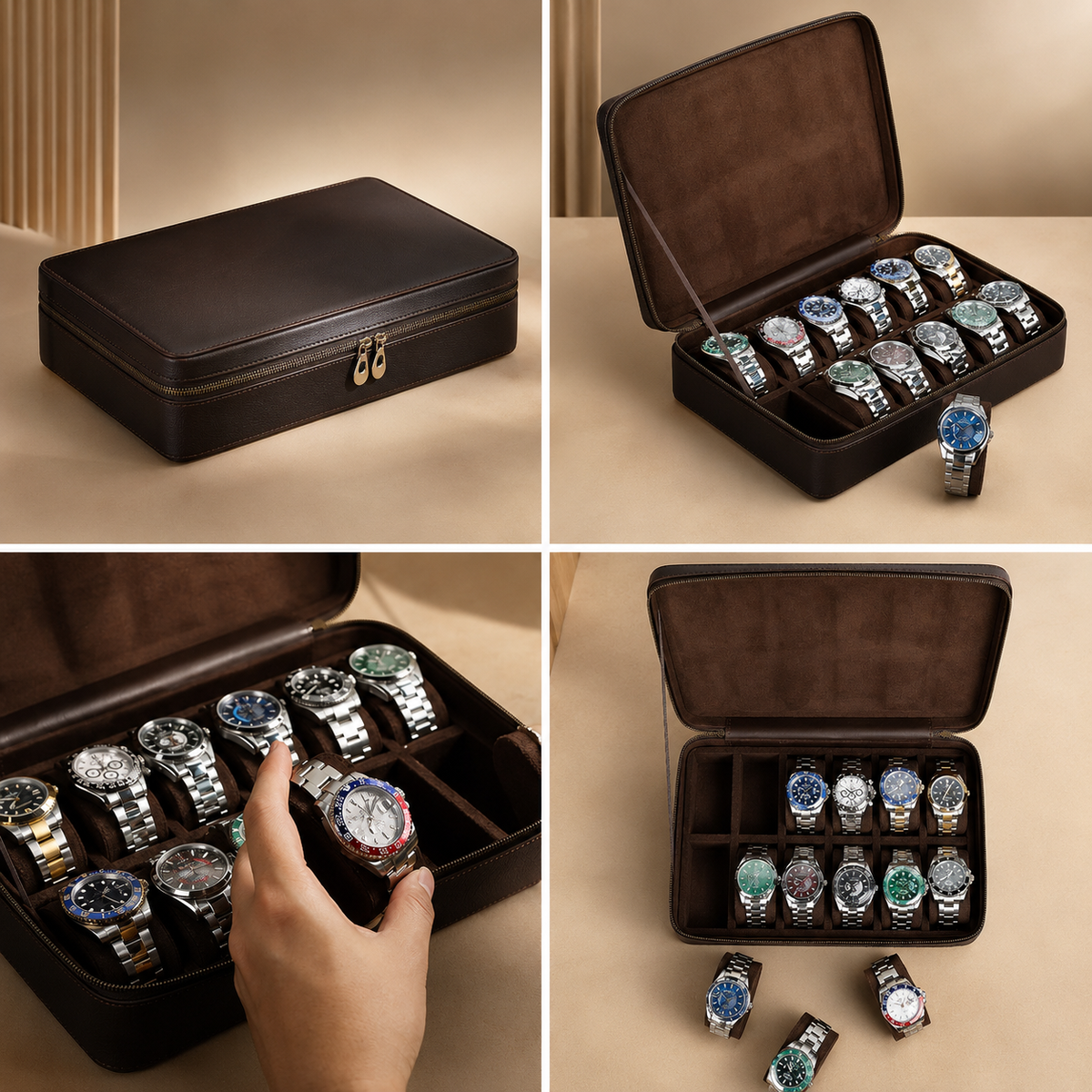 Étui à montres en cuir nubuck marron, collage : fermé, ouvert avec montres placées à la main