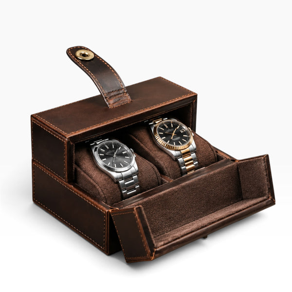 Boîte à montres de voyage en cuir véritable marron, ouverte avec 2 montres