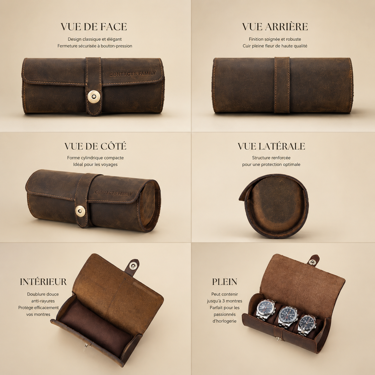 Étui à Montres de Voyage en cuir Crazy Horse – 3 montres – vue 6