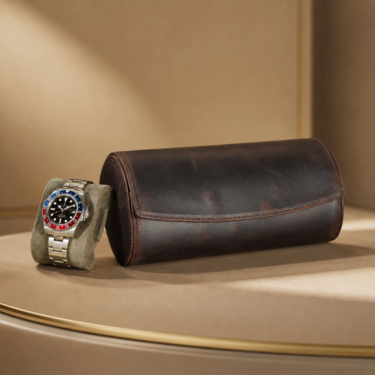 Étui à montres en cuir marron fermé, avec une montre posée sur coussin devant