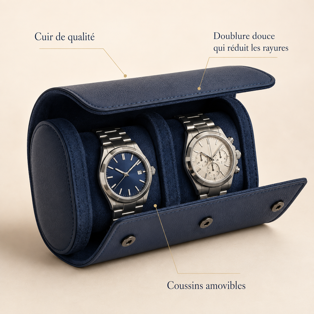 Étui à montre en cuir bleu marine ouvert avec 2 montres, visuel marketing