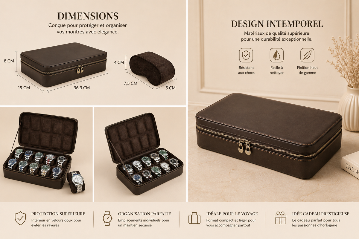 Infographie récapitulative : dimensions, protection, organisation et design de l'étui en cuir