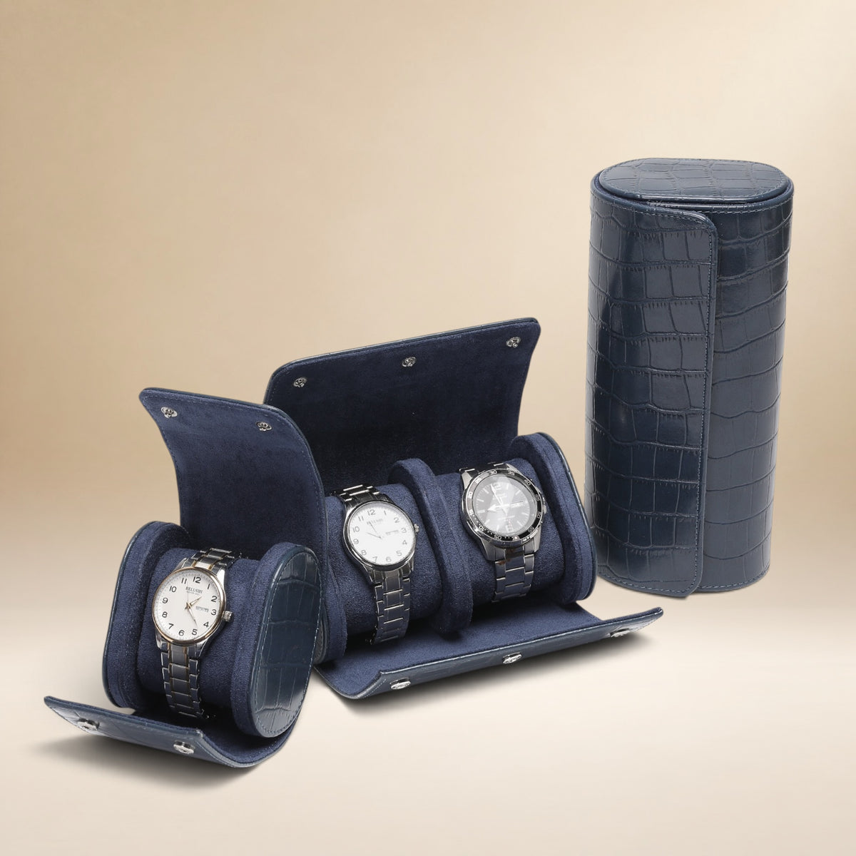 Lot de 3 étuis à montre en cuir PU bleu effet crocodile pour 1, 2 et 3 montres