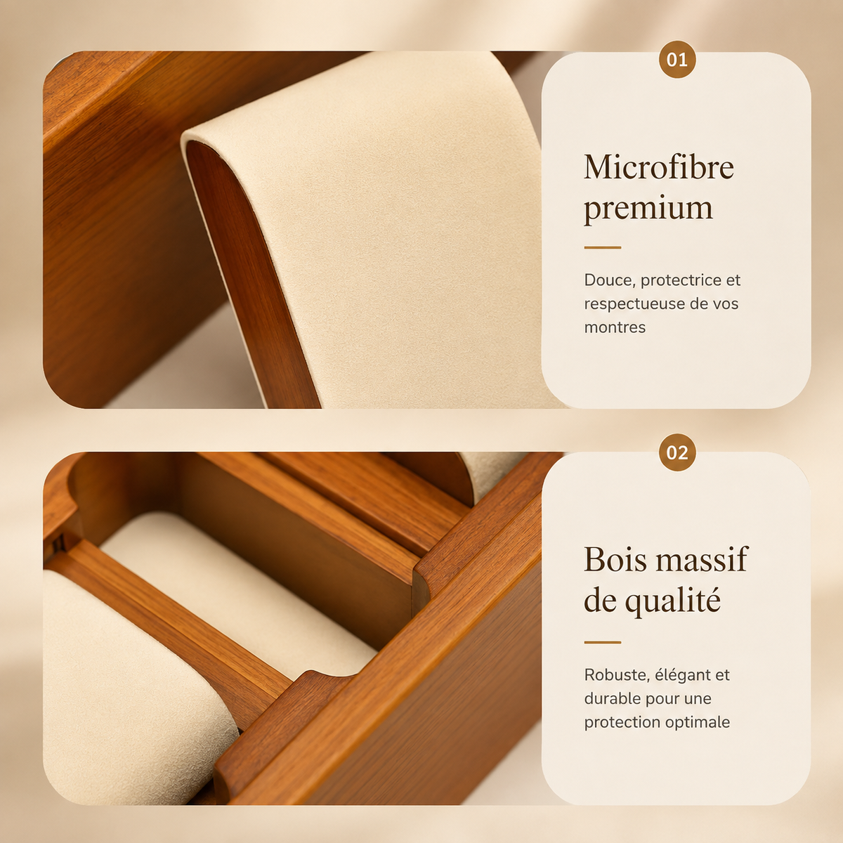 Infographie présentant la microfibre premium et le bois massif de qualité de la boîte à montres