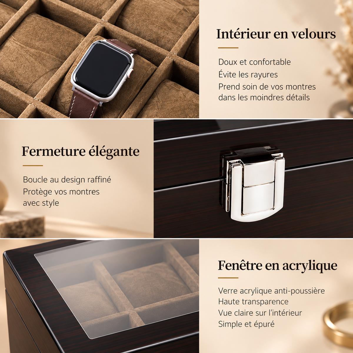 Détails de la boîte à montres : intérieur en velours, fermeture métallique et fenêtre en acrylique
