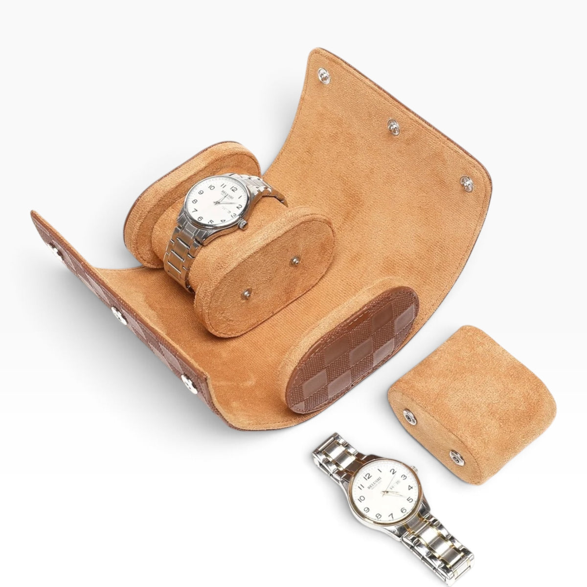 Lot de 3 Étuis à Montre en Cuir PU Matelassé Caramel – 1, 2 et 3 Montres
