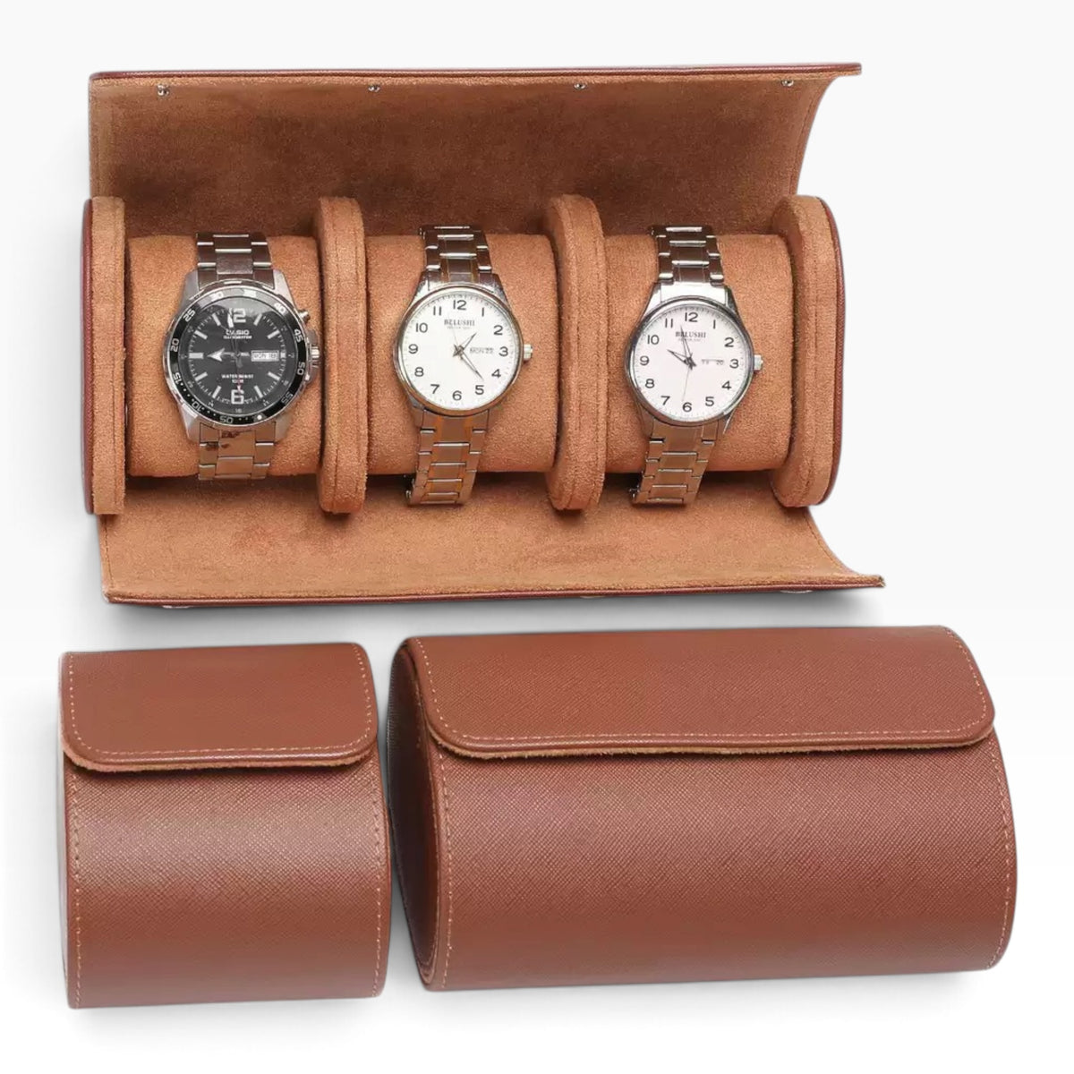 Lot de 3 Étuis à Montre en Cuir Marron PU – 1, 2 et 3 Montres