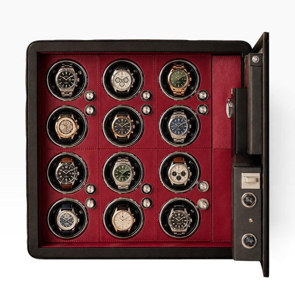 Coffre-fort remontoir automatique noir, intérieur rouge bordeaux, 12 montres, porte ouverte