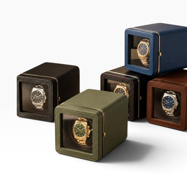 Remontoir automatique en cuir pour 1 montre, 5 coloris : noir, vert, carbone, bleu marine, marron