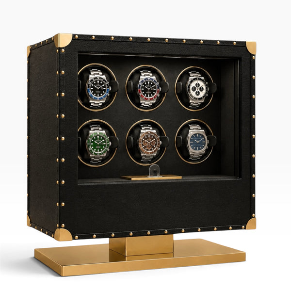 Remontoir automatique noir avec 6 montres, style malle, détails dorés, socle doré