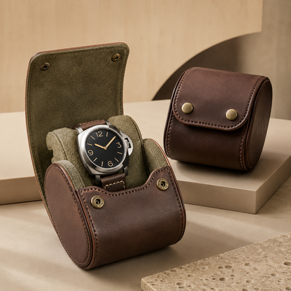 Étui à montre en cuir marron ouvert avec montre, à côté d'un étui fermé