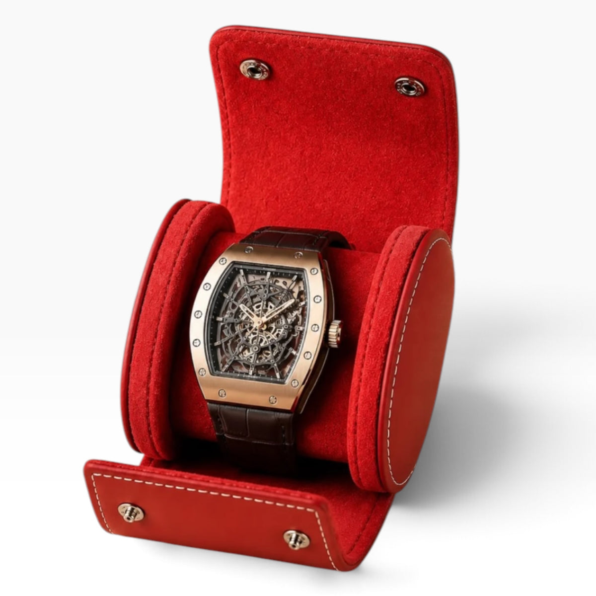 Étui à montre en cuir rouge ouvert avec 1 montre