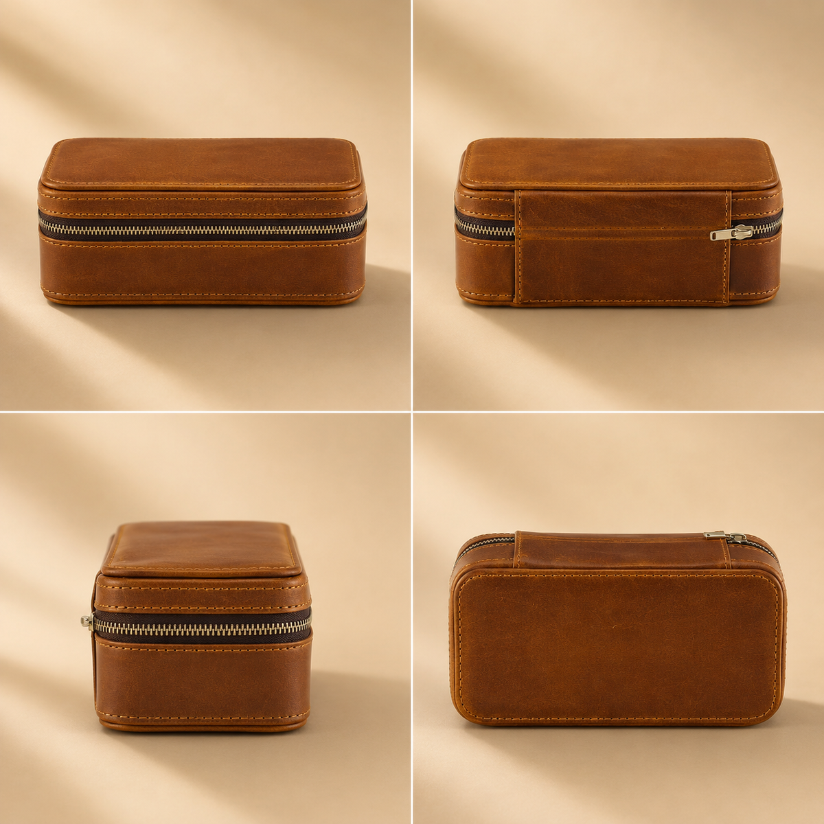 Étui de voyage zippé en cuir caramel fermé, vues sous plusieurs angles