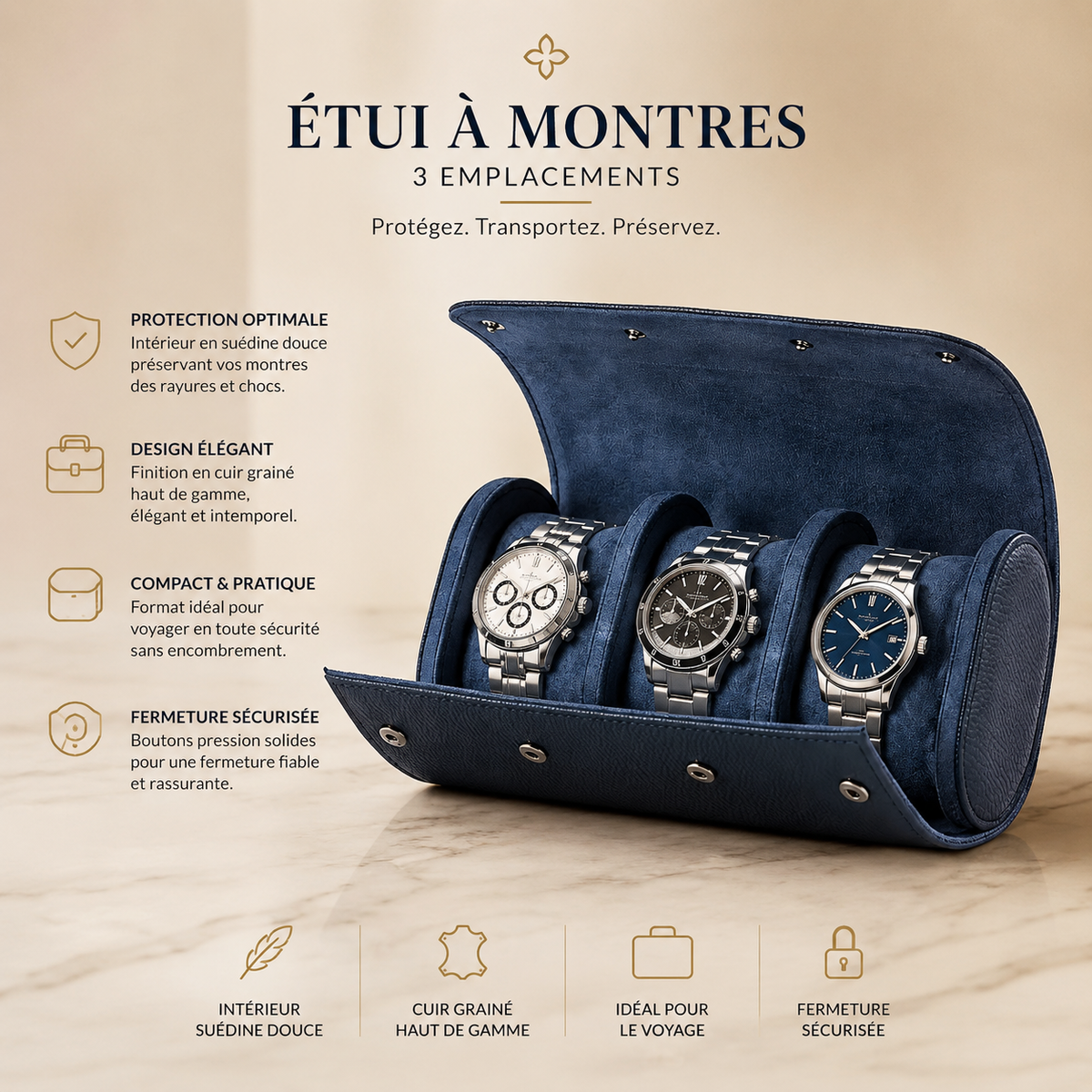 Étui à montres en cuir bleu saphir ouvert avec 3 montres, visuel marketing