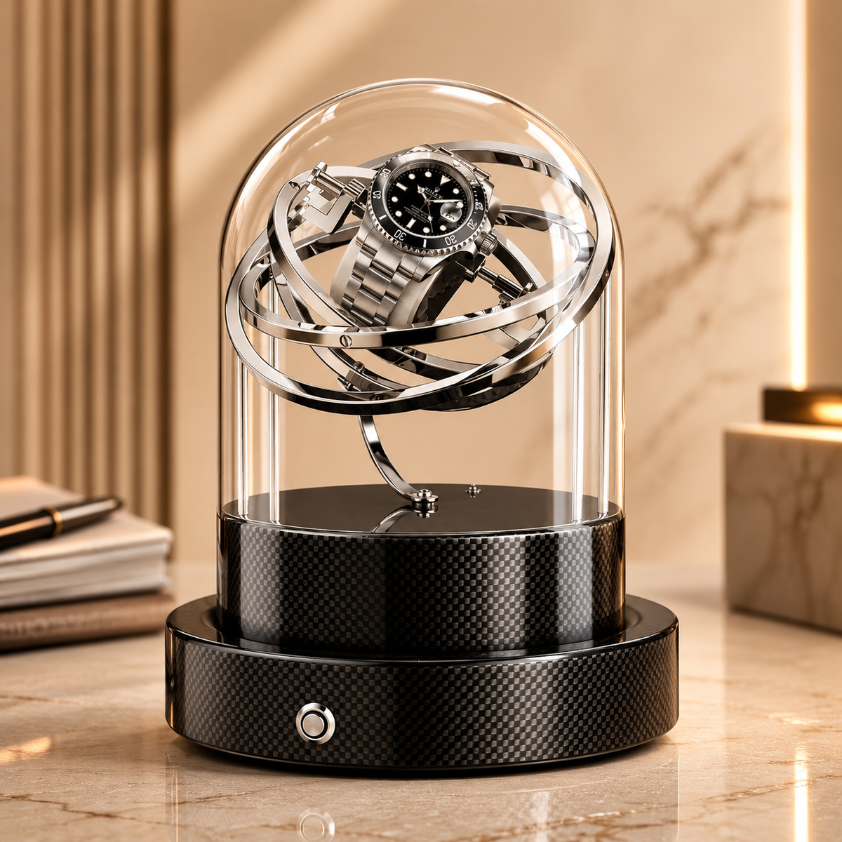 Remontoir gyroscopique noir carbone avec montre sous cloche, mise en scène