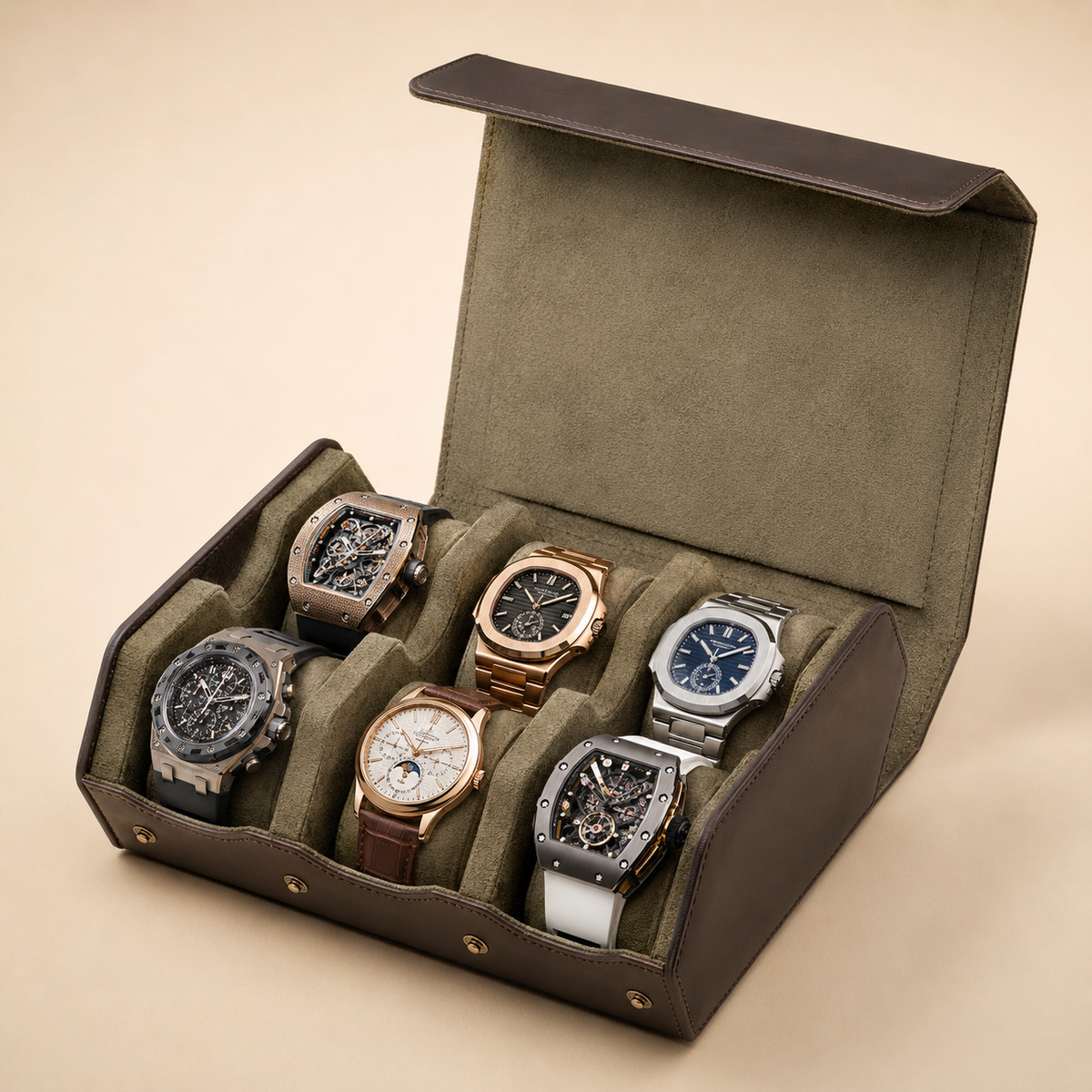 Boîte à montres en cuir véritable marron, vue de trois-quarts avec 6 montres différentes