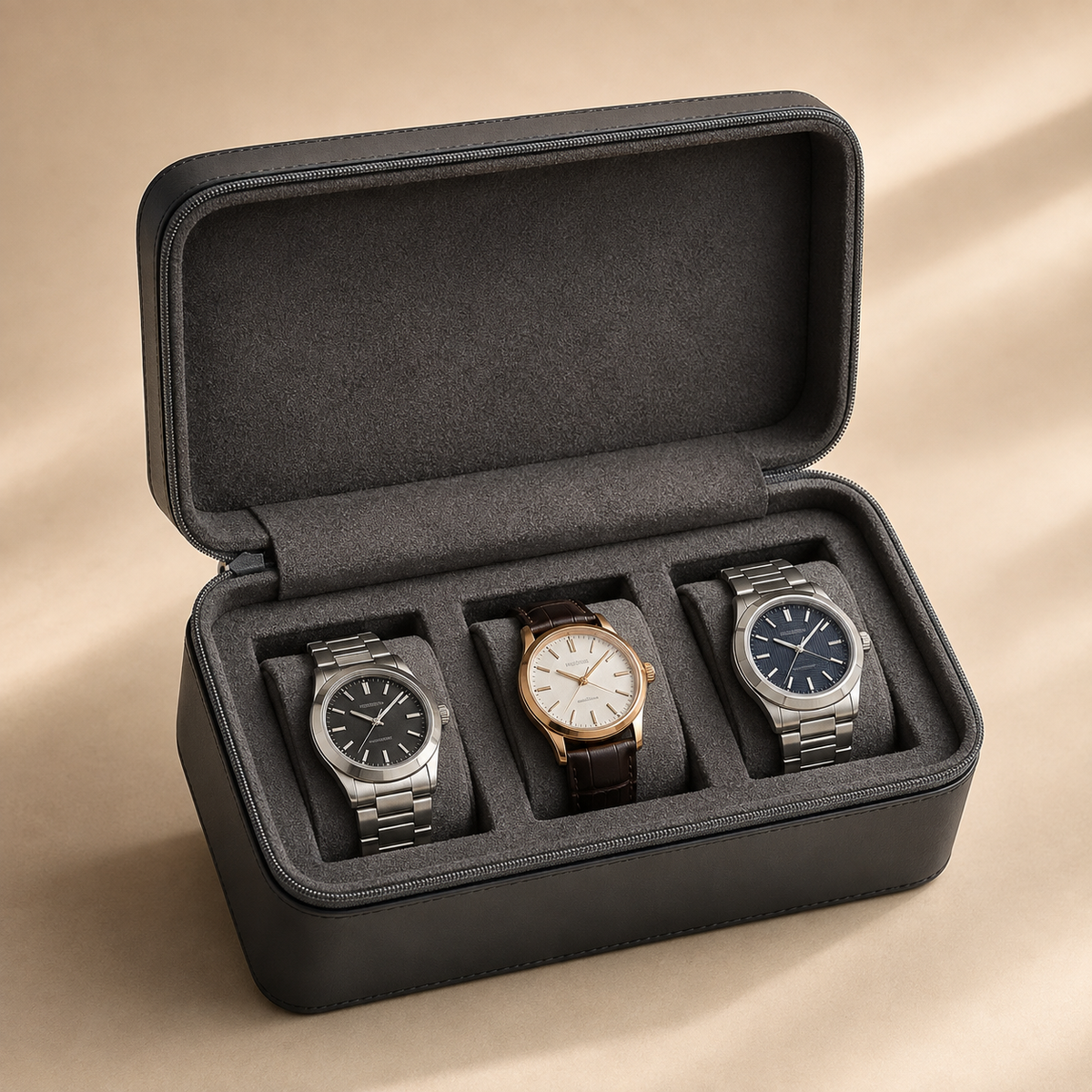 Étui à montres en cuir noir ouvert avec 3 montres, vue en angle