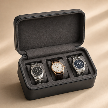 Étui à montres en cuir noir ouvert avec 3 montres, vue en angle