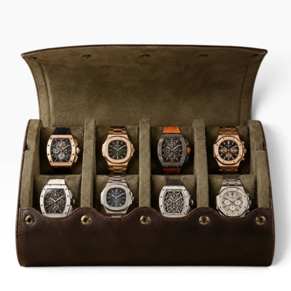 Étui de voyage à montres en cuir véritable marron, ouvert avec 8 montres, intérieur kaki