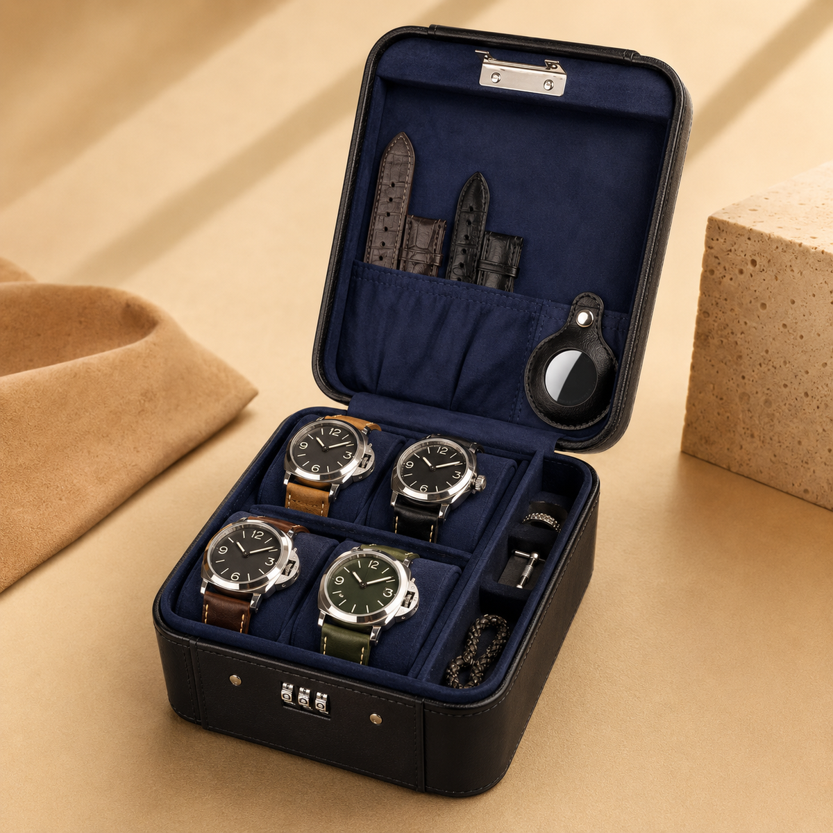 Boîte à montres en cuir noir ouverte avec 4 montres, intérieur bleu marine