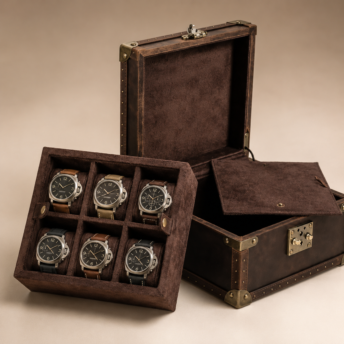 Plateau amovible avec 6 montres posé devant la malle vide