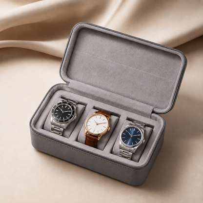 Étui à montres en cuir gris ouvert avec 3 montres