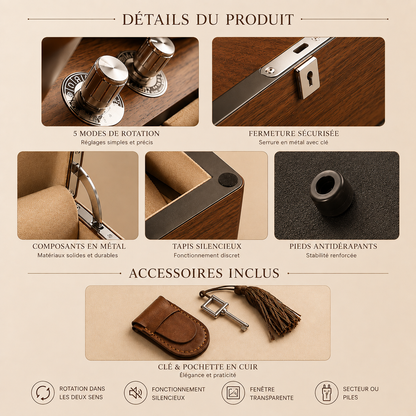 Remontoir automatique en bois, détails : modes de rotation, serrure, composants métalliques, pieds antidérapants et accessoires en cuir
