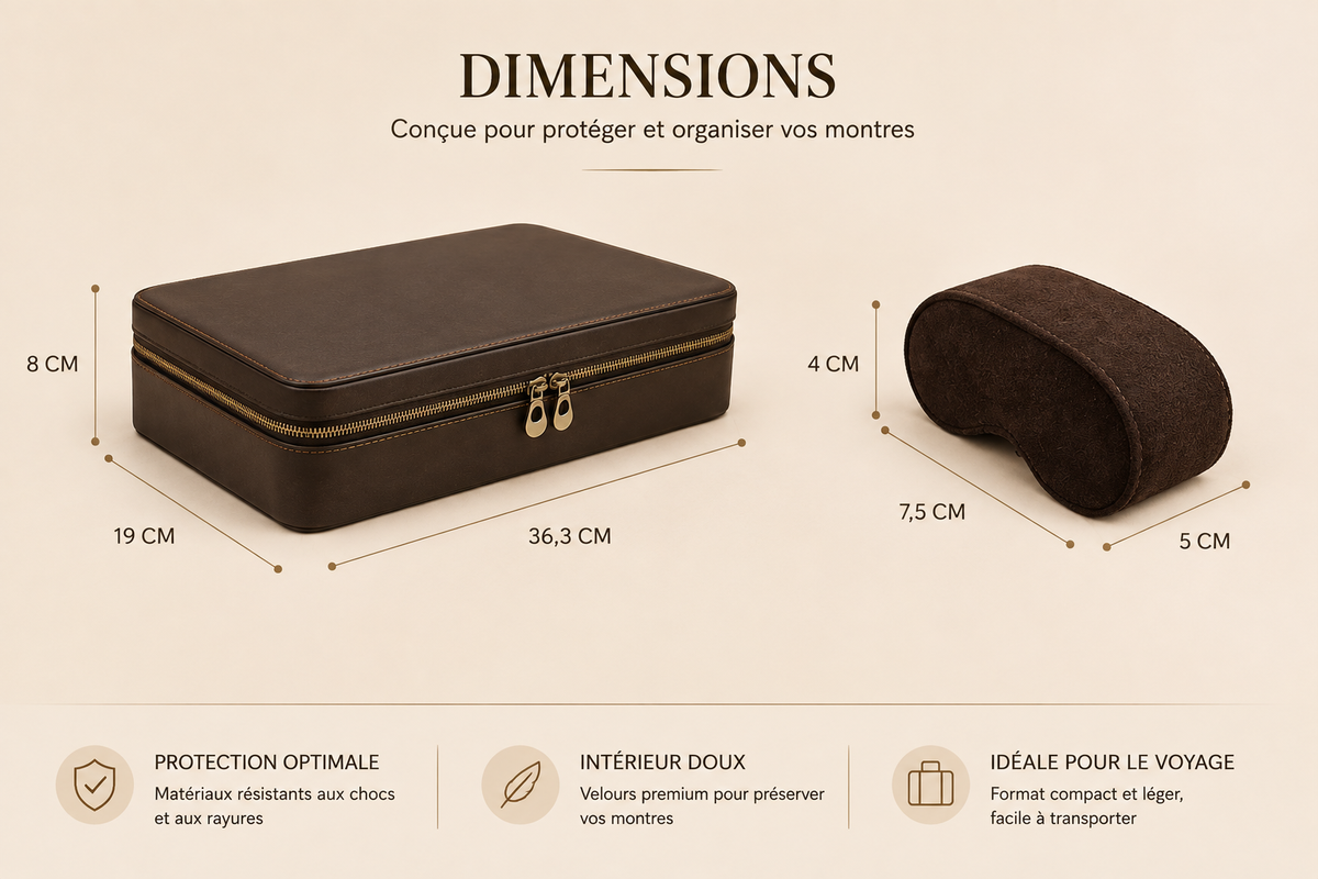 Infographie dimensions de l'étui de voyage en cuir et du coussin intérieur