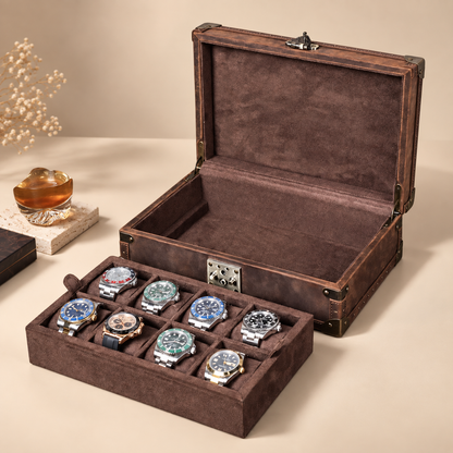 Coffret à montres en cuir Crazy Horse marron café style malle, ouvert avec plateau amovible et 8 montres, en décor