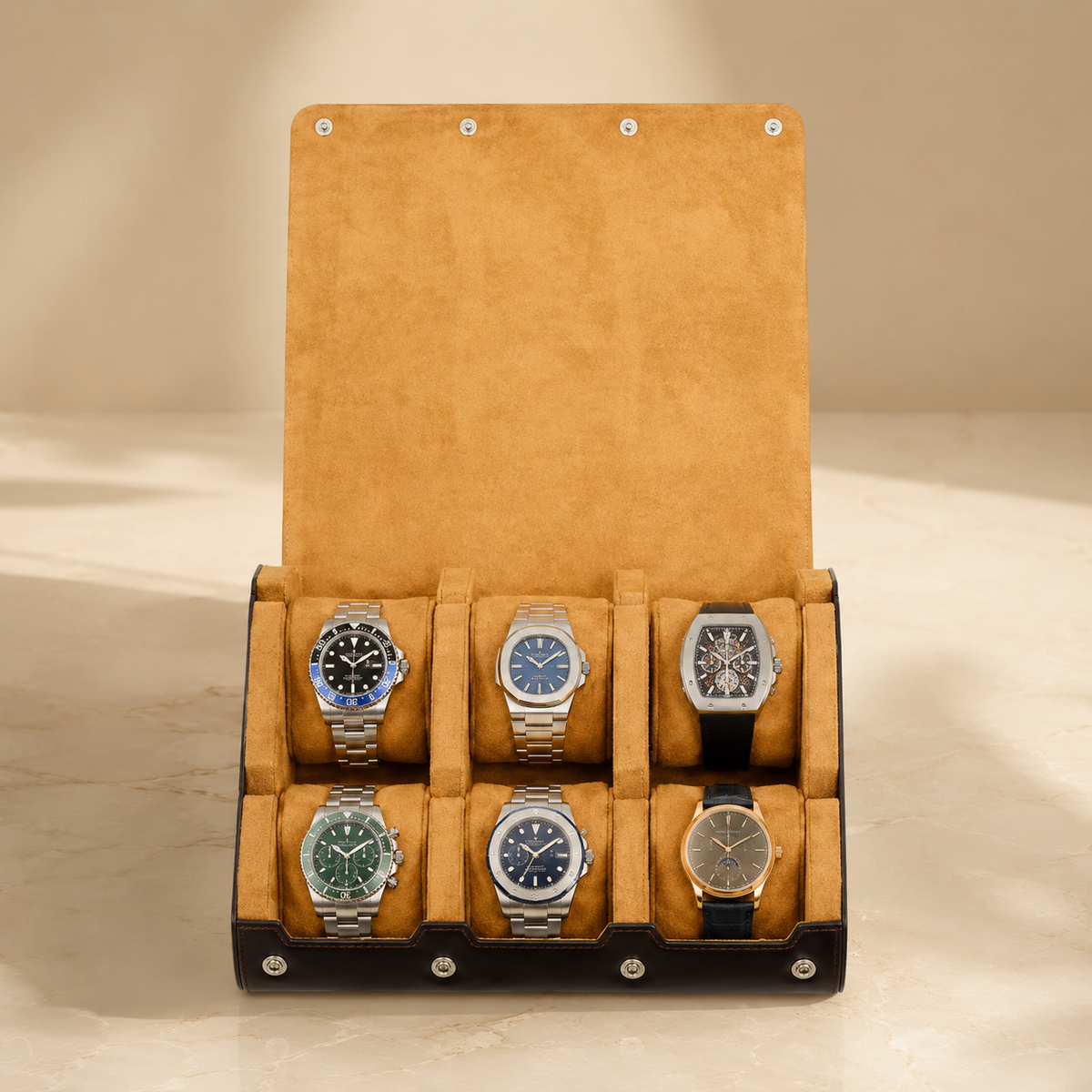 Étui à montres de voyage en cuir végan noir et ocre, vue de face ouverte avec 6 montres