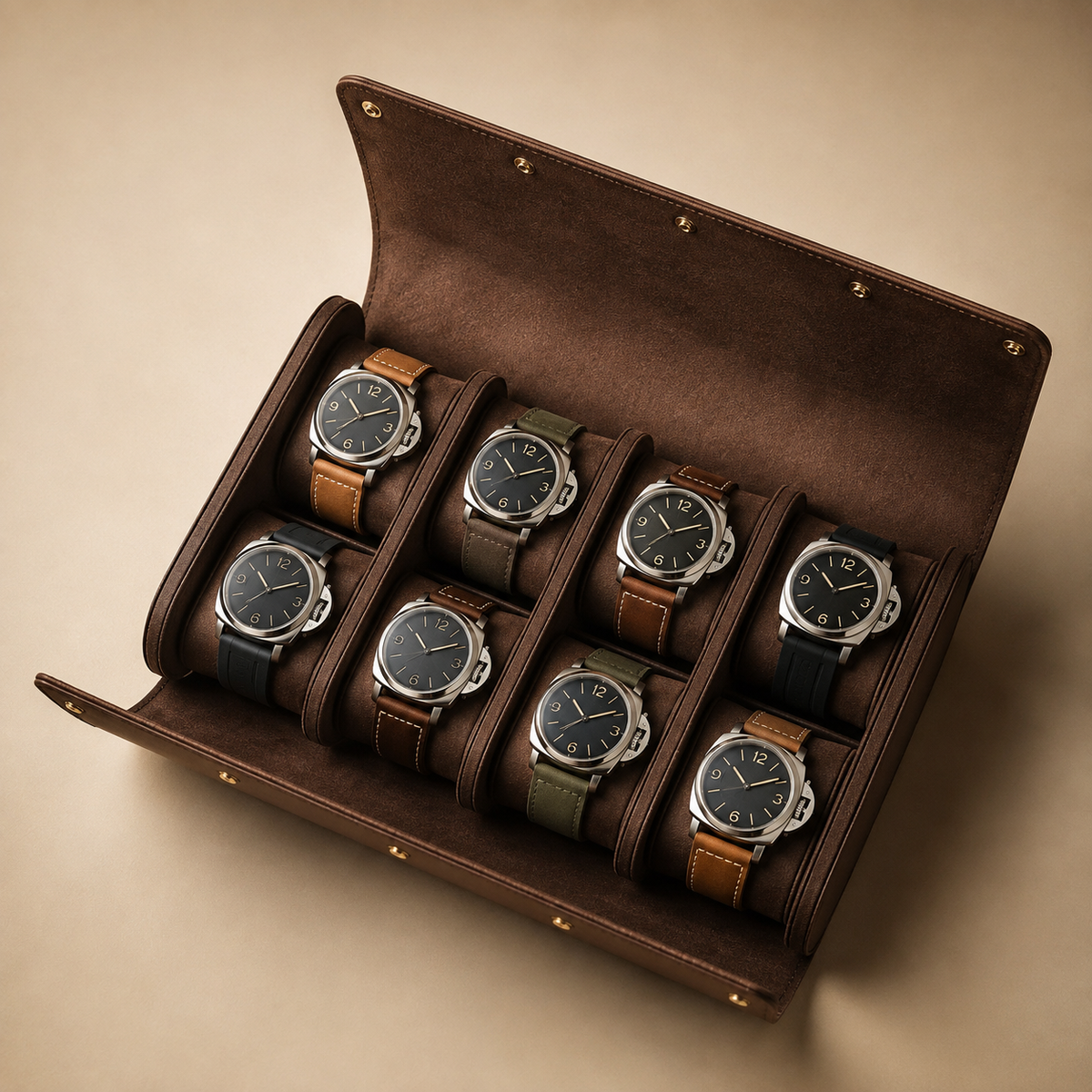 Étui de voyage à montres en cuir véritable marron à rabat, vue de dessus avec 8 montres