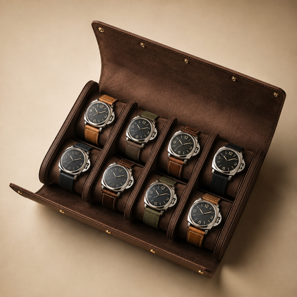 Étui de voyage à montres en cuir véritable marron à rabat, vue de dessus avec 8 montres