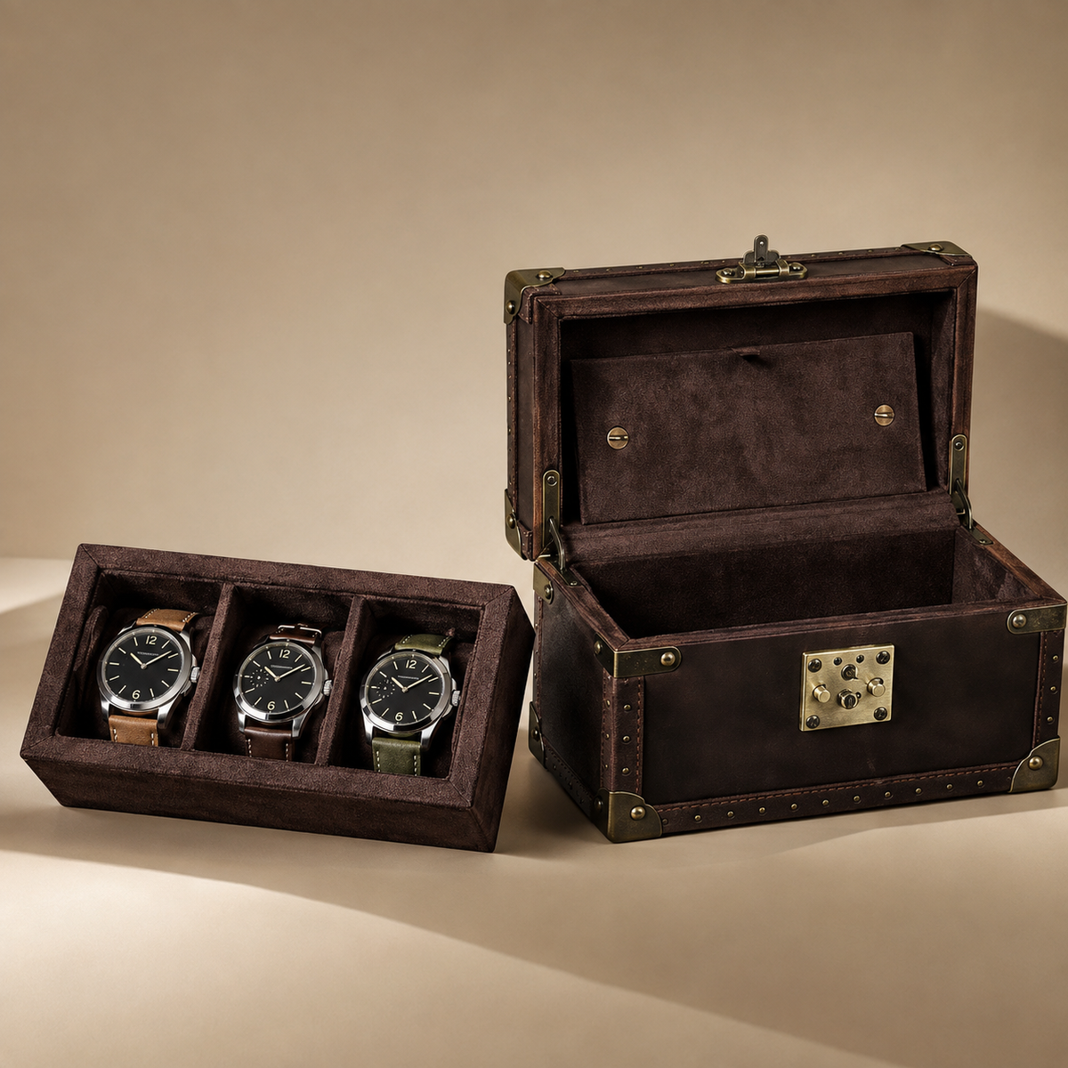 Plateau amovible avec 3 montres posé devant la malle vide