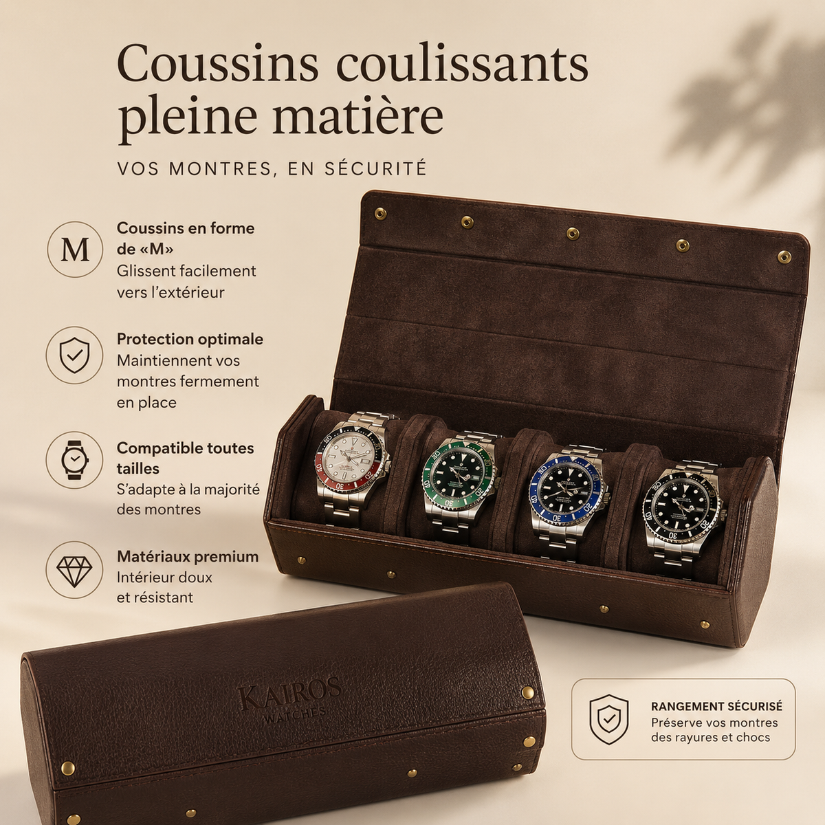 Étui à montres en cuir marron ouvert avec 4 montres, détail des coussins
