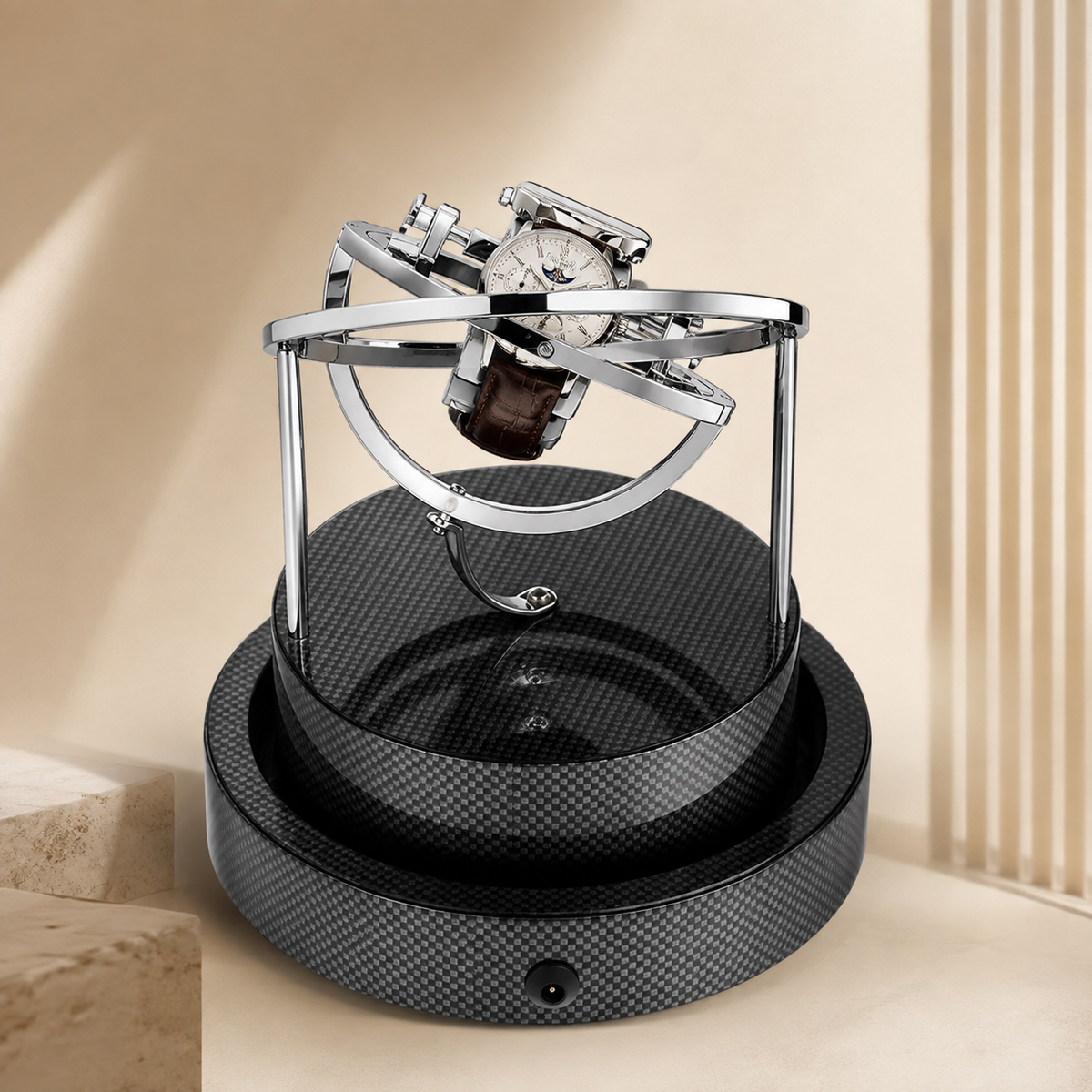 Remontoir gyroscopique noir carbone avec montre, sans cloche
