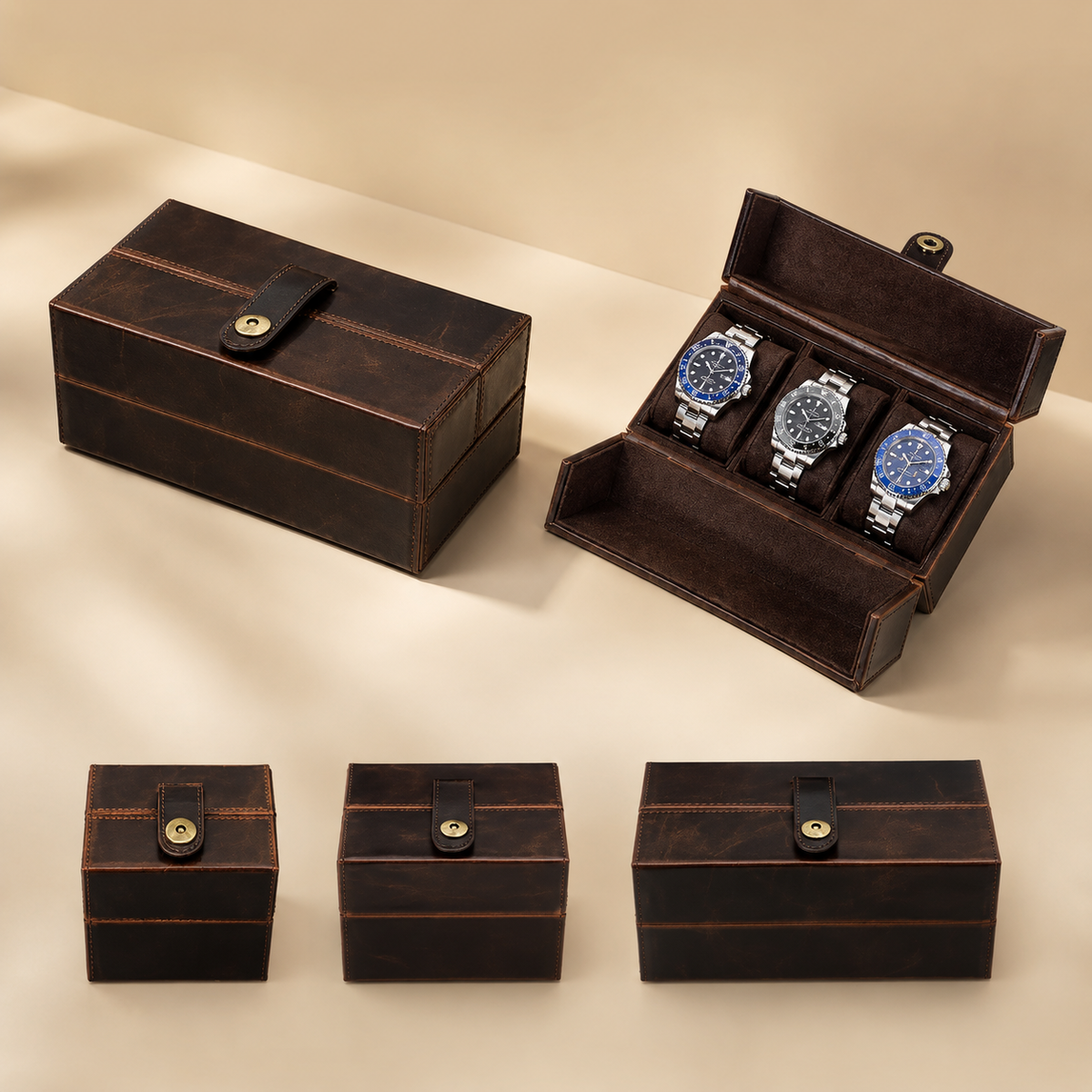 Boîtes à montres de voyage en cuir marron, plusieurs tailles, fermées et ouverte avec 3 montres
