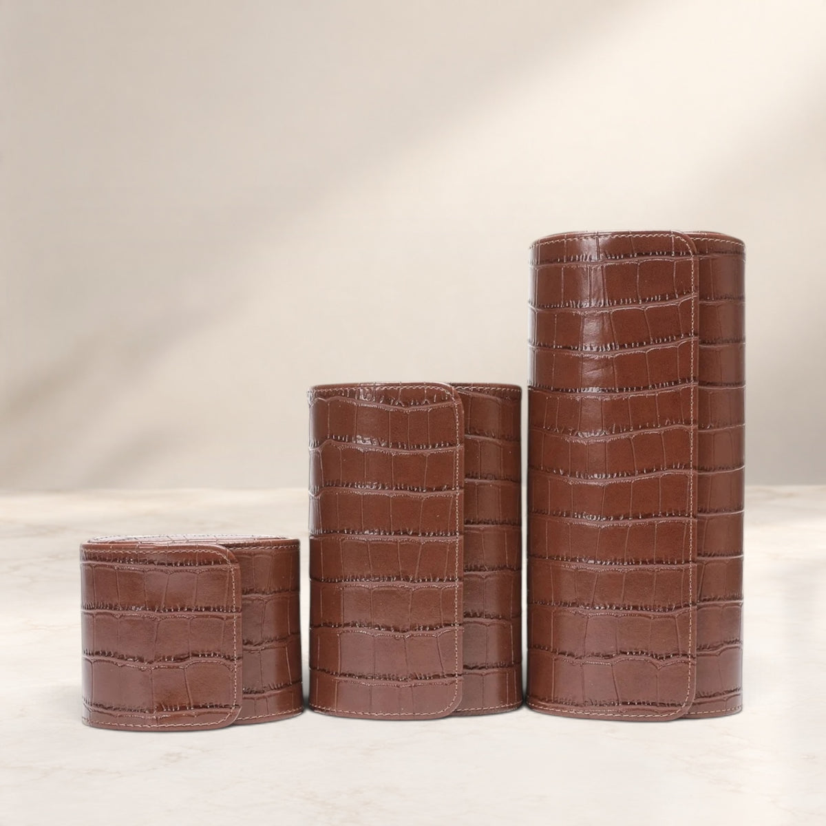 Lot de 3 Étuis à Montre en Cuir PU Caramel effet crocodile – 1, 2 et 3 Montres