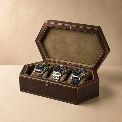 Boîte à montres en cuir marron ouverte avec 3 montres, vue de face