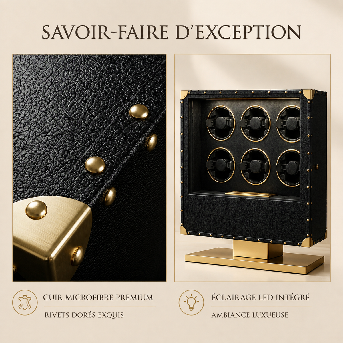 Remontoir automatique en cuir microfibre noir, détails des rivets dorés et de l'éclairage LED