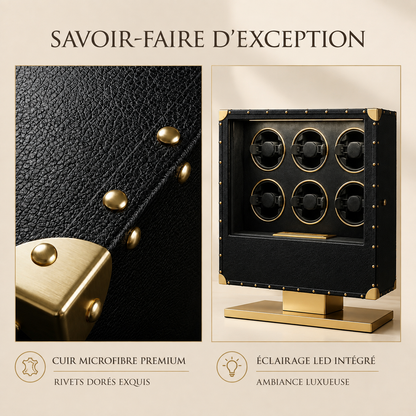 Remontoir automatique en cuir microfibre noir, détails des rivets dorés et de l'éclairage LED