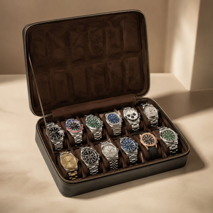 Étui à montres de voyage en cuir nubuck marron, ouvert avec 12 montres – vue 3