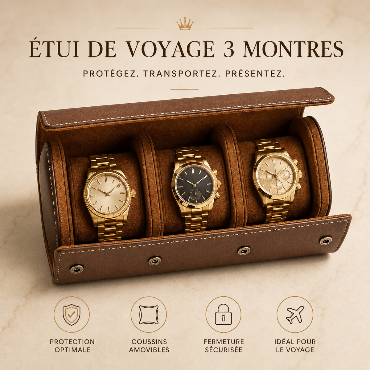 Étui de voyage 3 montres en cuir marron, protection et fermeture sécurisée