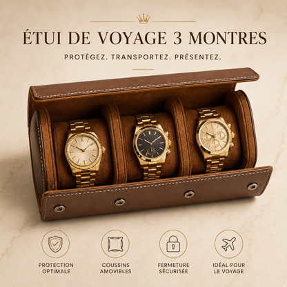Étui de voyage 3 montres en cuir marron, protection et fermeture sécurisée