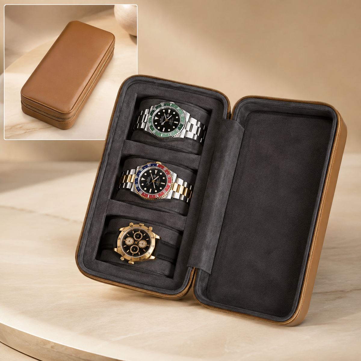 Étui à montres en cuir camel ouvert avec 3 montres, intérieur gris