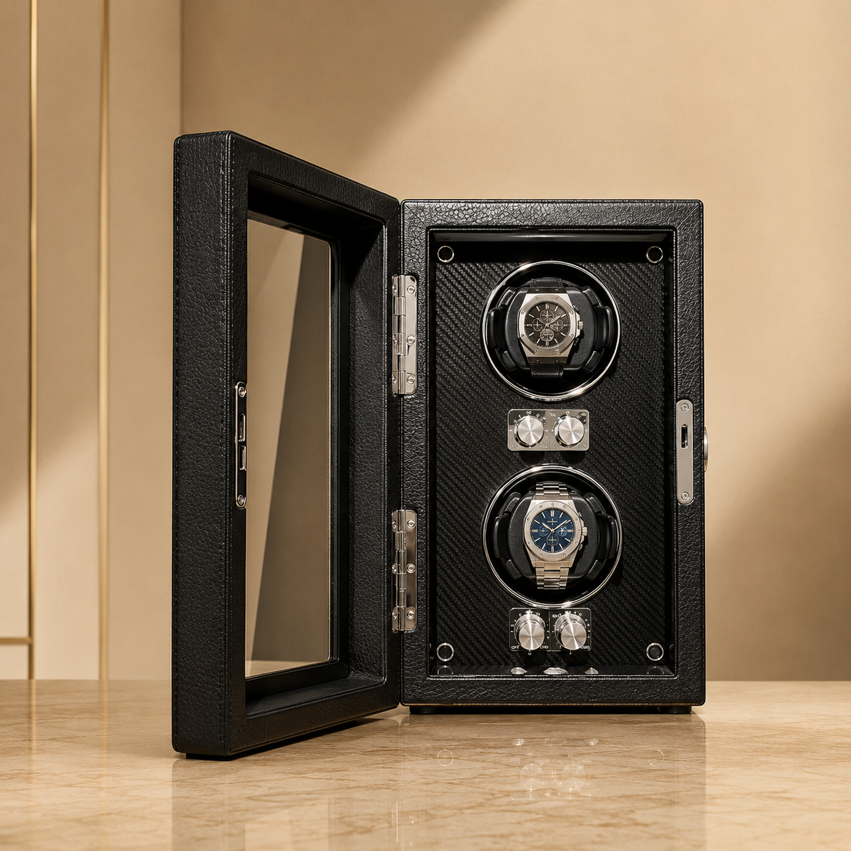 Remontoir pour montres automatiques en cuir PU noir, porte vitrée ouverte avec 2 montres, serrure à clé