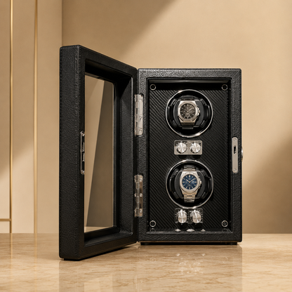 Remontoir pour montres automatiques en cuir PU noir, porte vitrée ouverte avec 2 montres, serrure à clé