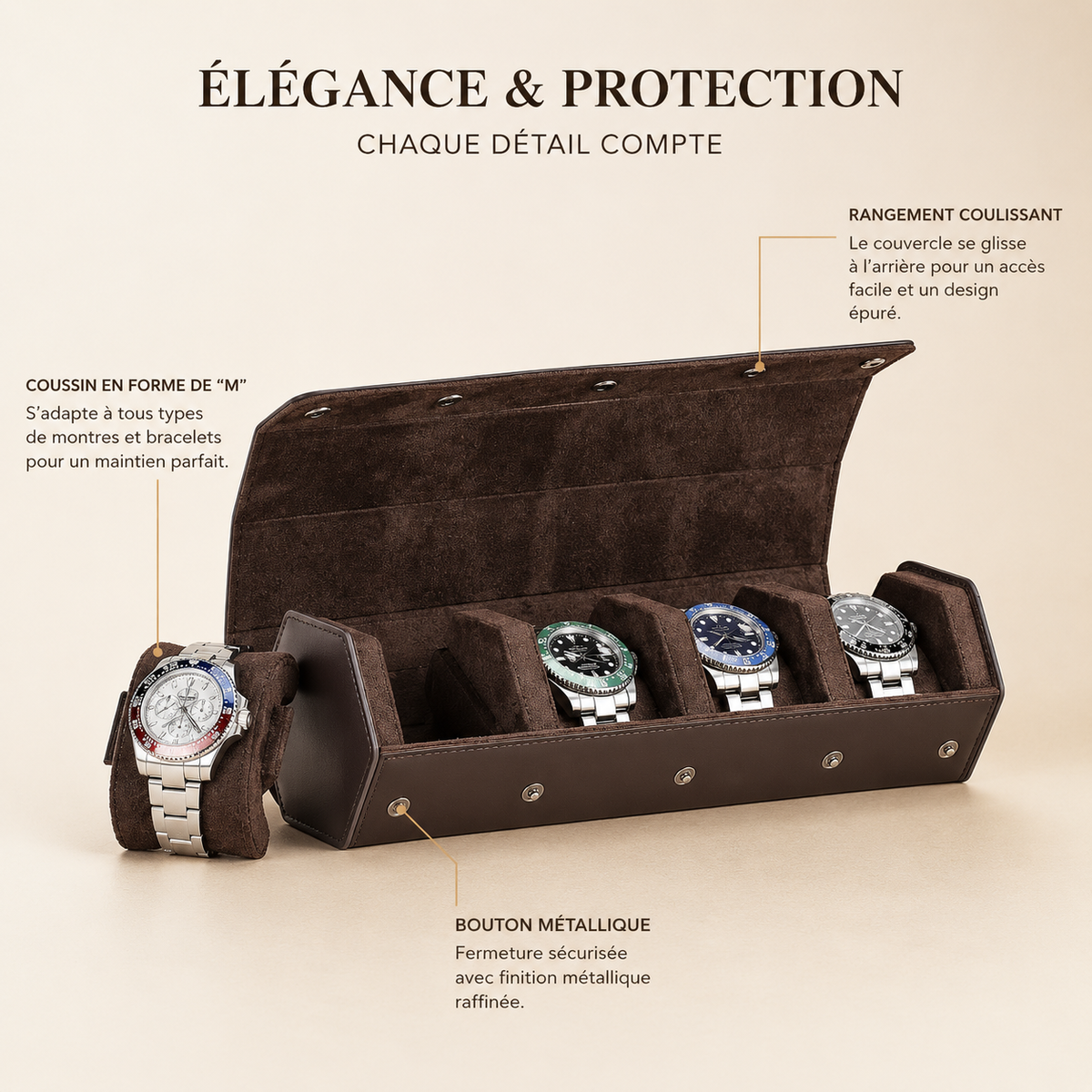 Étui à montres en cuir marron ouvert, détail de la fermeture
