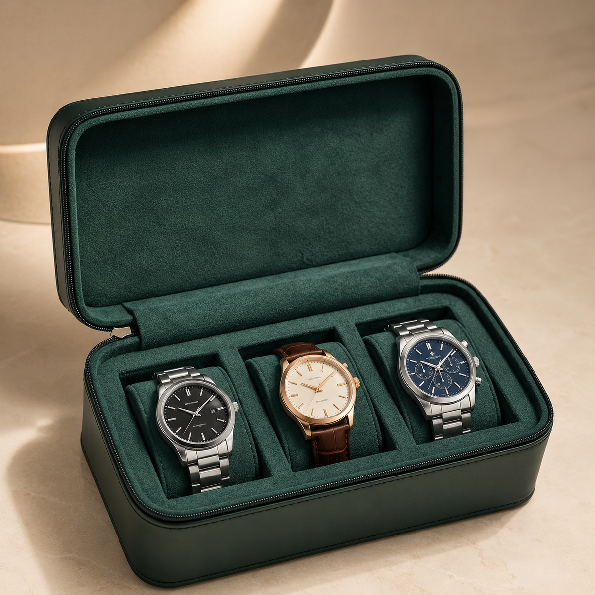 Étui à montres en cuir vert ouvert avec 3 montres, intérieur vert