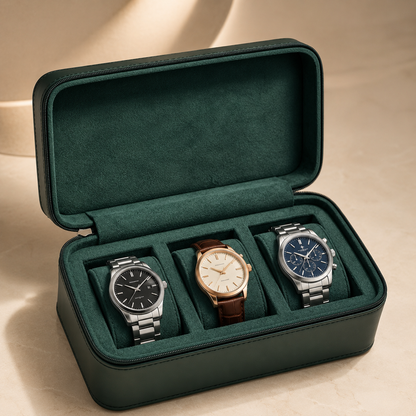 Étui à montres en cuir vert ouvert avec 3 montres, intérieur vert
