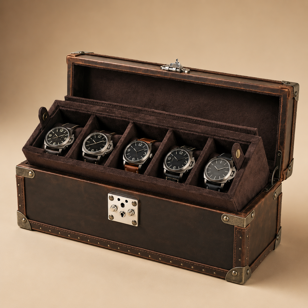 Malle à montres en cuir marron ouverte avec 5 montres, vue de face